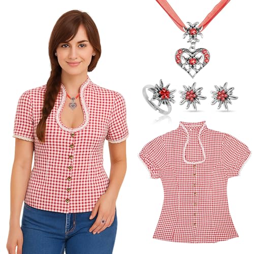 Trachtenbluse Damen Set, Oktoberfest Damen Outfit - Bayrische Bluse Rot Weiß Kariert, Herz Trachtenkette, Edelweiss Ohrringe und Ring (DE/NL/SE/PL, Numerisch, 40, Regular, Regular, Rot Weiß Kariert) von ZJKUBOIS