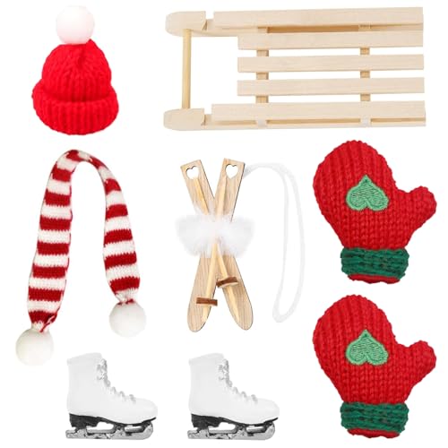 Wichtel Schlitten Set, Miniatur Wichtel Zubehör - Mini Mütze Schal Skischuhe Holz Schlitten Skier Schnee Fußabdrücke, Wichtel Deko Miniatur, Wichtel Geschenke für Weihnachten von ZJKUBOIS