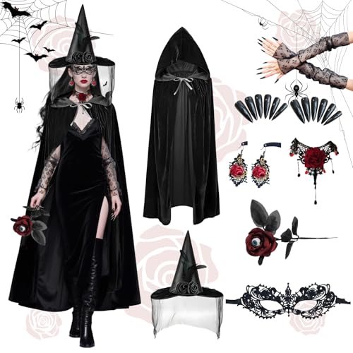 ZJKUBOIS Halloween Hexenkostüm Damen Set,Hexe Accessoires mit Hexenhut, Schwarzer Hexenumhang, Spitzenmaske Halskette, Hexen kostüm für Halloween, Karneval Dress Up Party, Cosplay von ZJKUBOIS