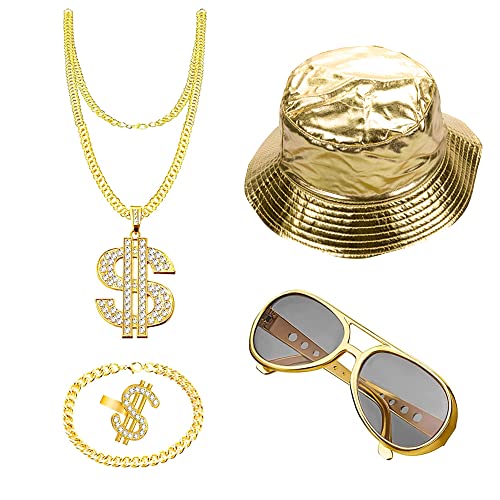ZJRung Hip Hop Kostüm 5er Set Hut Sonnenbrille Dollar Ring Halskette Dollar Gold Goldkette Armband 80er 90er Jahre Rapper Accessoires Zuhälter Kostüm Set für Fasching Karneval von ZJRung