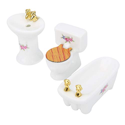 ZJchao Möbel für Dollhouse, 3PCS Dollhouse Porzellan Badezimmer Set 1/24 Badezimmer Set Accessoires Möbel Simulation Keramik Badewanne Toilettenkit Kit (Rose) von ZJchao