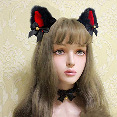ZJchao Niedliche Plüschpelzkatze Ohren Stirnband Entzückende Kostümzubehör für Mädchen Cosplay Kopfbedeckung (Schwarzes Haar, rot und schwarz) von ZJchao