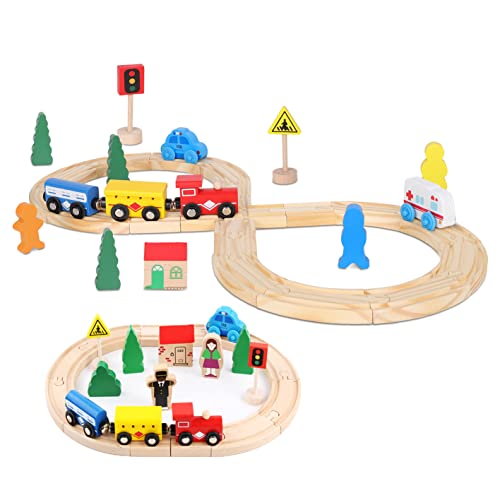 Holzeisenbahn-Spielzeuge für Kleinkinder, 33-teilige Magneteisenbahn mit Holzschienen, Passt für Thomas, Brio, Holzschienen-Set, Eisenbahnspielzeug, Geschenke für 3 4 5 6 jährige Mädchen & Jungen von ZKKEIIE