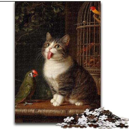 1000-teiliges Puzzle „Papagei und Katze“ aus Pappe, 26x38cm, perfekt für Familienspaß, Partyspiele, Gastgeschenke für Geburtstagspartys von ZKYUBEK