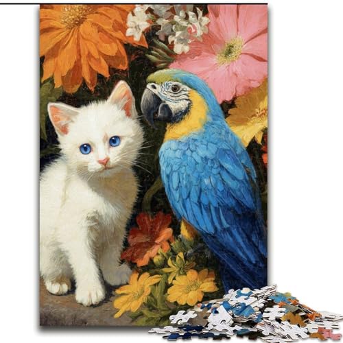 1000-teiliges Puzzle für Erwachsene, Katze und Papagei, Holzpuzzle für Erwachsene, 26x38cm, Denksportaufgabe, Teenager und zur Heimdekoration von ZKYUBEK
