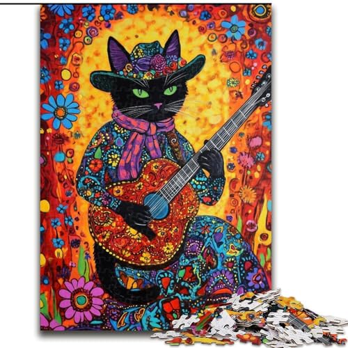 Puzzle 1000 Teile, Katze spielt Gitarre zwischen Blumen, Papppuzzle für Erwachsene, 26x38cm, Geburtstage, Feiertage, am besten für Weihnachten von ZKYUBEK