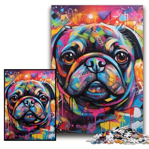 Puzzle 1000 Teile Mops-Graffiti Unmögliches Puzzle für Erwachsene 26x38cm Geburtstagsgeschenkidee, Herausforderndes Denkspiel von ZKYUBEK