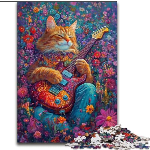 Puzzle 1000 Teile für Erwachsene, Katze spielt Gitarre zwischen Blumen, Papppuzzle 26x38cm, DIY-Dekoration, Gehirn-Herausforderung, für Erwachsene, Familie von ZKYUBEK