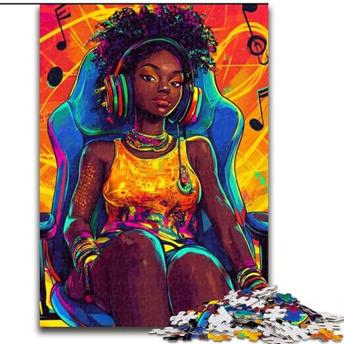 Puzzle 1000 Teile für Erwachsene, Schwarzes Mädchen hört Musik, 1000-teiliges Puzzle, Familienbindungsaktivität, Heimdekorationsgeschenk, Familienspielzeugspiel, 26x38cm von ZKYUBEK
