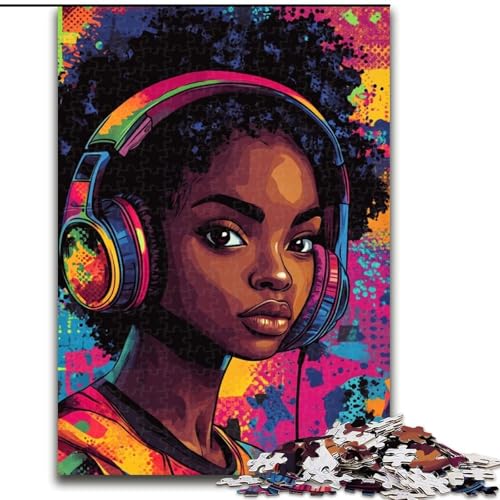 Puzzle 1000 Teile für Erwachsene, Schwarzes Mädchen hört Musik, Holzpuzzle 50x75cm, für Feiertage, Geburtstage und Familienspieleabende von ZKYUBEK