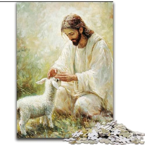 Puzzle 1000 Teile für Erwachsene „Jesus und das Schaf“ aus Holz, 50x75cm, perfekt für Halloween, Weihnachten, Geburtstagsgeschenk von ZKYUBEK