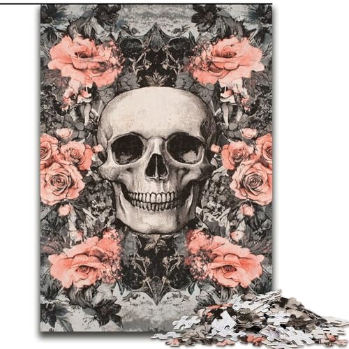 Puzzle 1000 Teile für Erwachsene Blumenschädel Holzpuzzle 50X75CM Perfekt für Halloween, Weihnachten, Geburtstagsgeschenk von ZKYUBEK