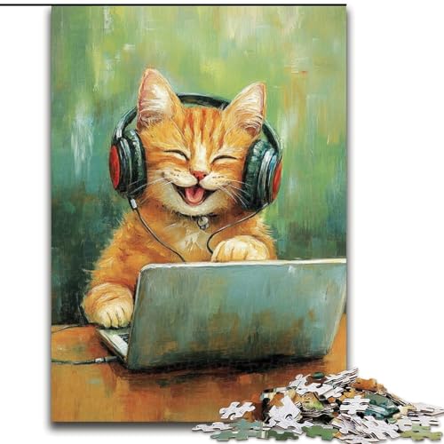 Puzzle 1000 Teile für Erwachsene Katze hört Musik 1000-teiliges Puzzle für Erwachsene Familieninteraktion und Gehirnherausforderung, Familienaktivitätsherausforderung 50x75cm von ZKYUBEK