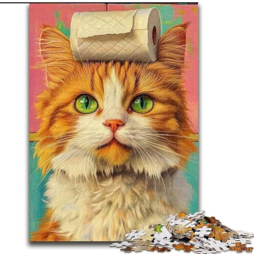 Puzzle 1000 Teile für Erwachsene Toilettenpapier Orange Katze Holzpuzzle 50X75CM Denksportaufgabe Spiel für Teenager und Familieninteraktion von ZKYUBEK