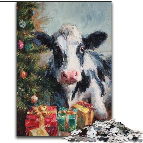 Puzzle für Erwachsene, 1000 Stück, Weihnachtsmannmütze, Kuh, Holzpuzzle, perfekt für Teenager und Familien, 26x38cm von ZKYUBEK