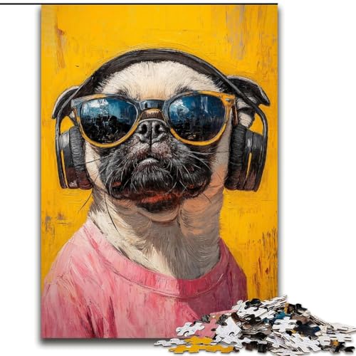 Puzzle für Erwachsene, 1000 Teile, Mops hört Musik, Holzpuzzle für Erwachsene, 50x75cm, perfekt für Familienfeiern, Geburtstage, Feiertage von ZKYUBEK