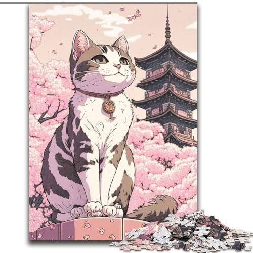 Puzzle für Erwachsene, 1000 Teile Katze Kirschblüte, japanischer Karton, Puzzlegröße 26x38cm, anspruchsvolles Denkspiel – entspannendes Spielzeug für Teenager von ZKYUBEK