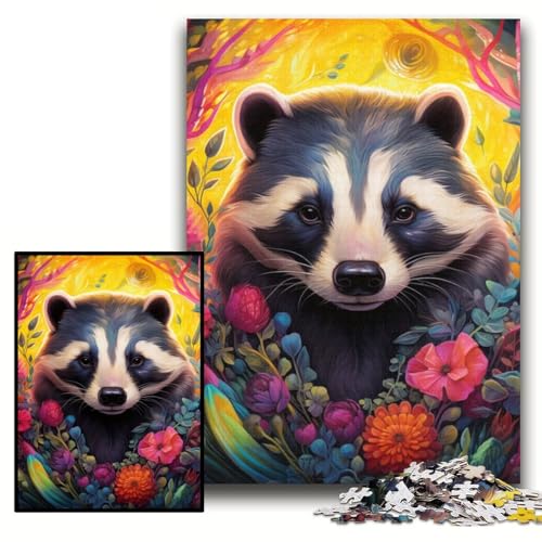 Puzzle für Erwachsene, Honigdachs-Blumen, Puzzle für Erwachsene, 26x38cm, anspruchsvolles DIY-Denkspiel, perfektes Familienspiel oder dekoratives Geschenk von ZKYUBEK
