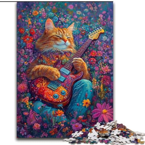 Puzzle für Erwachsene, Katze spielt Gitarre zwischen Blumen, anspruchsvolle Puzzles, 50x75cm, Entspannung und Herausforderung, farbenfrohe Kunst zur Heimdekoration, Freunde von ZKYUBEK