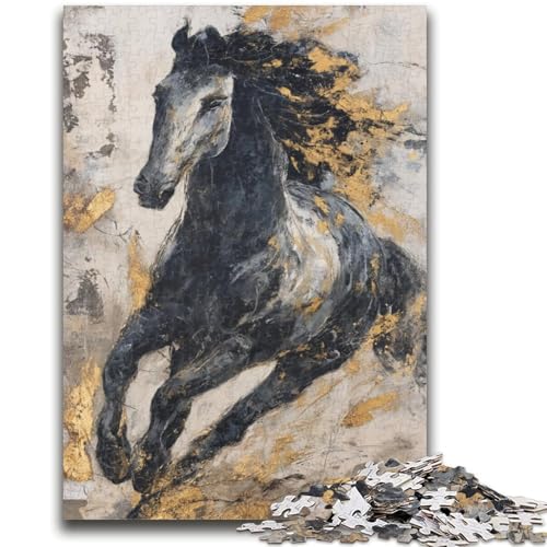 Puzzle für Teenager, 1000 Teile, schwarzes goldenes Pferd, Familienunterhaltungsspielzeug mit passendem Poster und Quizblatt, 26x38cm von ZKYUBEK