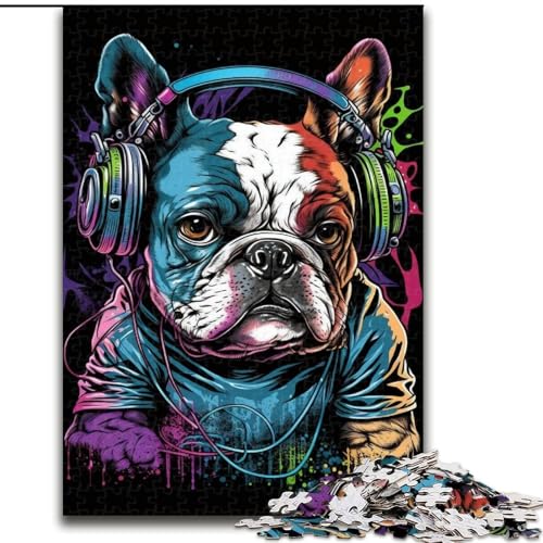Puzzle mit 1000 Teilen für Erwachsene, Kopfhörer-Bulldoggen-Puzzle, Größe 50x75cm, für Feiertage, Geburtstage und Spieleabende mit der Familie von ZKYUBEK