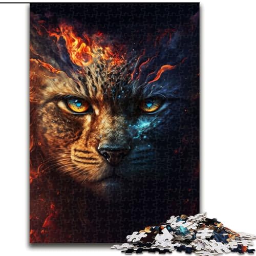 Puzzle mit 1000 Teilen für Erwachsene, Malen, Feuer, Katzengesicht, Holzpuzzle, Größe 50x75cm, perfekt für Halloween, Weihnachten, Geburtstagsgeschenk von ZKYUBEK