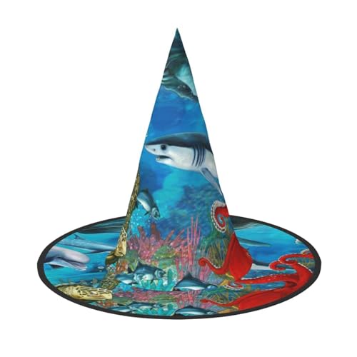 ZKZBDPLK Halloween-Spitzhut, Delfine, Meeresschildkröte, Oktopus, Korallenriff-Druck, Halloween-Dekohut von ZKZBDPLK