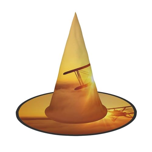 ZKZBDPLK Halloween-Spitzhut, Flugzeug bei Sonnenuntergang, Halloween-Dekorativer Hut von ZKZBDPLK