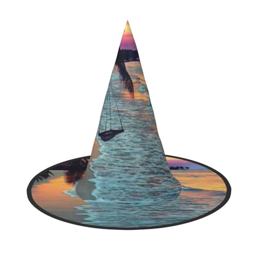 ZKZBDPLK Halloween-Spitzhut, Kokosnuss, Strand, Sonnenuntergang, Hängematte, Druck, Halloween-Dekohut von ZKZBDPLK