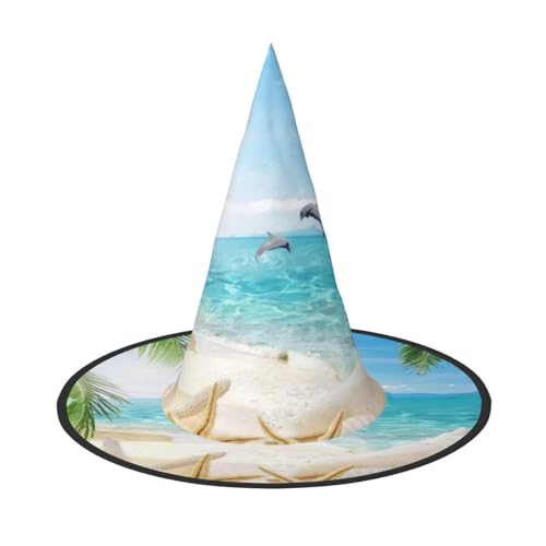 ZKZBDPLK Halloween-Spitzhut, Seestern, Strand, Meer, Palmen, Druck, Halloween, dekorativer Hut von ZKZBDPLK