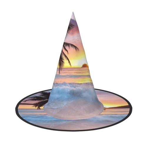 ZKZBDPLK Halloween-Spitzhut, Sonnenaufgang, tropische Palme, Insel-Druck, Halloween-Dekohut von ZKZBDPLK