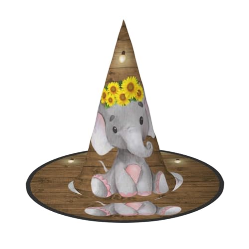 ZKZBDPLK Halloween-Spitzhut, Sonnenblume, Elefant, Holzbodendruck, Halloween-Dekohut von ZKZBDPLK