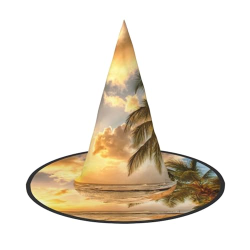 ZKZBDPLK Halloween-Spitzhut, Sonnenuntergang, Hawaii-Palmen-Druck, Halloween-Dekohut von ZKZBDPLK