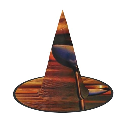 ZKZBDPLK Halloween-Spitzhut, Sonnenuntergang, Weinglas-Druck, Halloween-Dekohut von ZKZBDPLK