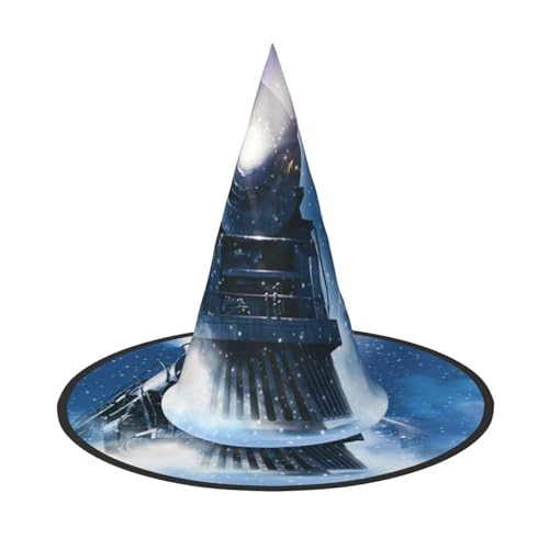ZKZBDPLK Halloween-Spitzhut, Winter, Weihnachten, Schnee, Nacht, Eisenbahn, Zug, Druck, Halloween, dekorativer Hut von ZKZBDPLK