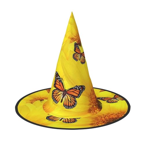 ZKZBDPLK Halloween-Spitzhut, gelbe Blumen, Schmetterlinge, Druck, Halloween-Dekohut von ZKZBDPLK