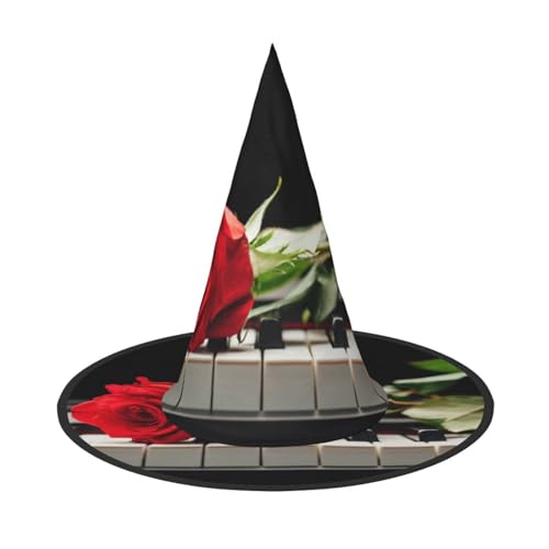 ZKZBDPLK Halloween-Spitzhut mit roter Rose auf Klavierdruck, Halloween-Dekohut von ZKZBDPLK
