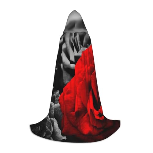 Zkzbdplk Schwarz-weiße und rote Rosen bedruckter langer Kapuzenumhang für Teenager, Cosplay, Rollenparty, Festival, Halloween-Kostüme von ZKZBDPLK