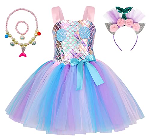 ZKomoL Mädchen Meerjungfrau Kleid Set Stirnband Kleine Meerjungfrau Karneval Prinzessin Kleid Halloween Party Party Maskerade Geburtstag Meerjungfrau Kleid 2-12 Jahre (8 Jahre, Blau) von ZKomoL