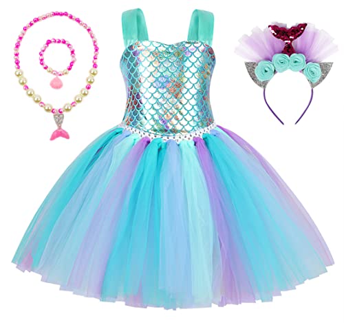 ZKomoL Mädchen Meerjungfrau Kleid Set Stirnband Kleine Meerjungfrau Karneval Prinzessin Kleid Halloween Party Party Maskerade Geburtstag Meerjungfrau Kleid 2-12 Jahre (8 Jahre, Grün) von ZKomoL