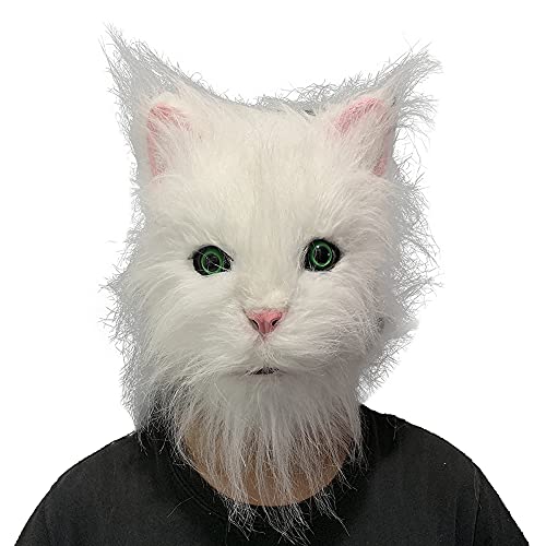 Cat Mask Latex Cute Animal Plush Helm Full Head Fluffy Halloween Cosplay Party Costume Props (Weiß) von ZLCOS