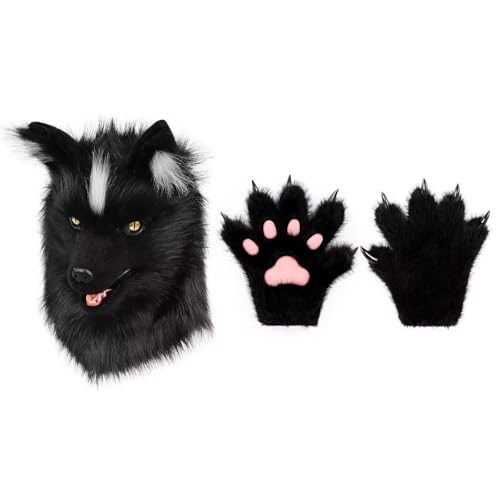 ZLJLYP Tierische Hundekopfmaske, Realistische Pelzige Plüschklauenhandschuhe, Volle Wolfsmasken For Halloween-Party, Karneval, Cosplay(H) von ZLJLYP