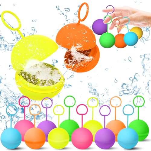 ZLPBAO 12 Stück Wiederverwendbare Wasserballons Mit Zuglasche，Silikon Wasserballons Spielzeug für Kinder Erwachsene, Sommerspaß Wasserspielzeug für Party, Wasserpark, Familienspiel von ZLPBAO