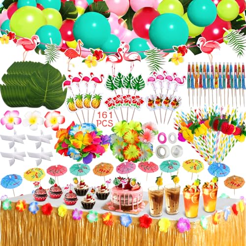 ZLPBAO 162 Stück Hawaii Party Dekoration Set mit Dekoration Ballon Hawaii Luau Tischröcke 9ft 3D Fruchtstrohhalme für Hawaii Party Dekoration Beach Tropischen Garten, und Zusammenkünfte im Freien von ZLPBAO