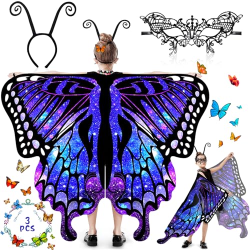 ZLPBAO 3 Stück Schmetterling Kostüm für Kinder, Schmetterlingsflügel für Mädchen mit verstellbarem Kostüm Maske, Spitzenmaske Gesichtsmasken Augenmaske für Maskenball Kostüm Karneval Party von ZLPBAO