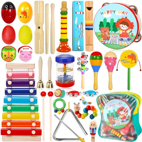 ZLPBAO 34 Stück Musikinstrumente Kinder Set - Holzspielzeug Musikinstrumenten-Set - Baby Kinder Montessori Spielzeug - Xylophon Trommel ab 1 jahr Kinder Weihnachtsgeschenke Spielzeug Geschenke von ZLPBAO