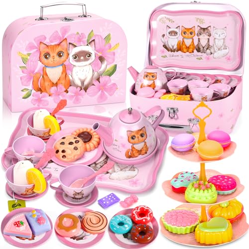 ZLPBAO 50-teiliges Teeservice Kinder, Tee Set Kinder mit Kätzchen Koffer, Teeparty Rollenspiel Spielzeug für kleine Teeservice mit Dessert Rollenspiele Geschenk für Mädchen 3 4 5 6 7 Jahren von ZLPBAO
