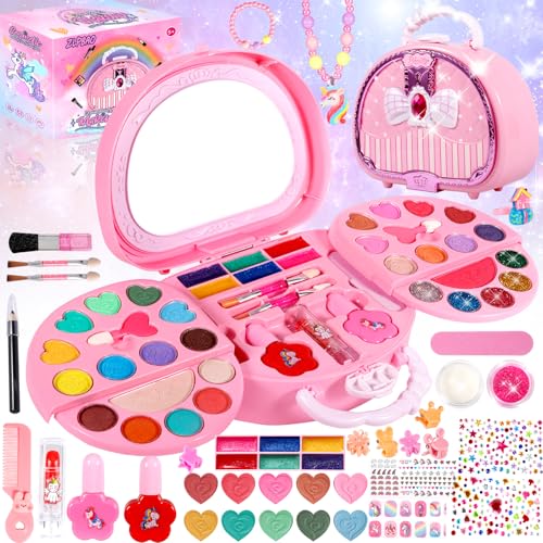 ZLPBAO Kinderschminke Mädchen, Waschbarer Kinderschminke Set Mädchen mit Glitzersteine Selbstklebend, Schminke Spielzeug Geschenke Rollenspiel Spielzeug für Mädchen ab 5 6 7 8 9 10 11 12 Jahre von ZLPBAO