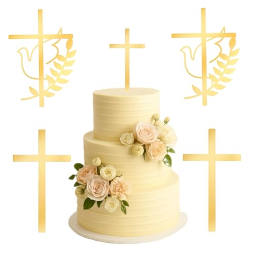 ZMDMAH 4 Pcs Tortendeko Kommunion, Kuchendeko Kreuz, Cake Topper Kommunion Cake Topper Taube Gold Acryl Torte Deko Kommunions Tortendeko für Spiegel Kuchen Topper Kuchen Dekoration für Taufe Hochzeit von ZMDMAH