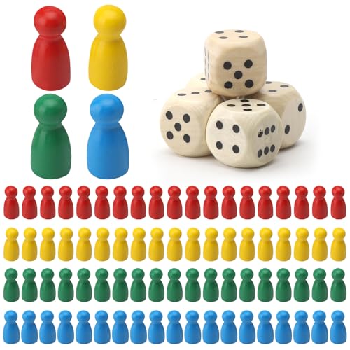 ZMDMAH 80 Stück Spielfiguren für Brettspiele und 5 Würfel aus Holz, Spielfiguren Aus Holz für Brettspiele, Holzpuppen Spielfiguren, Würfel Aus Holzs Spielfiguren, Spielkegel Set, Halmakegel Aus Holzs von ZMDMAH
